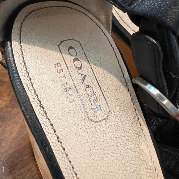 Coach Strappy Platform Sandal Black Leather Wood Wedge Clog Heel Size 10 READ - Picture 5 of 11